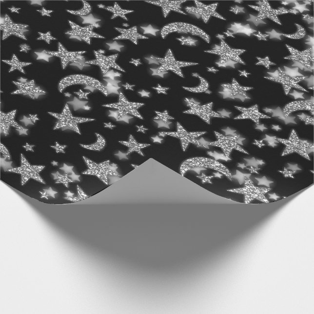 Stars Måne Spark Night Galaxy Black Silver Grått Presentpapper (Hörn)