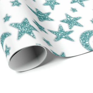 Stars Måne Sparkly Teal Aqua Blue White Presentpapper