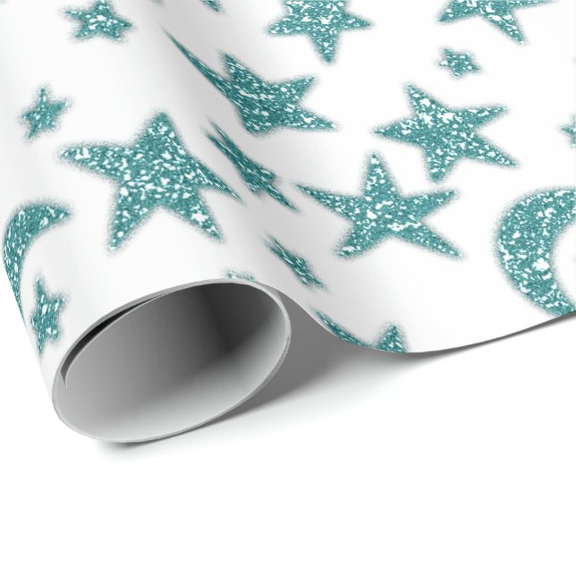 Stars Måne Sparkly Teal Aqua Blue White Presentpapper (Rullad Hörn)