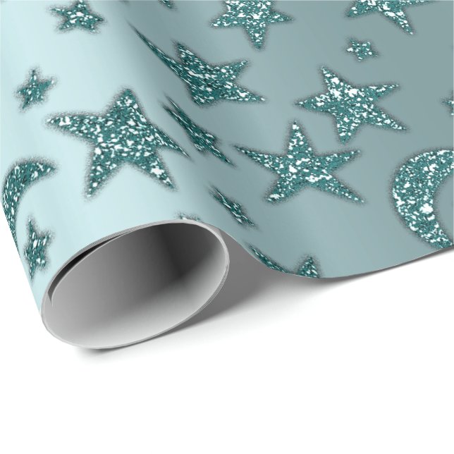 Stars Måne Sparkly Teal Aqua Glitter Natt Presentpapper (Rullad Hörn)