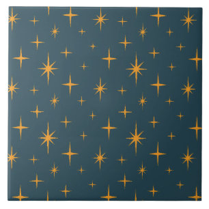 Stars Mönster Mid Century Modern Mörk Teal Orange Kakelplatta