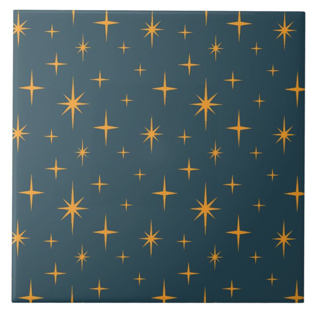 Stars Mönster Mid Century Modern Mörk Teal Orange Kakelplatta (Framsidan)