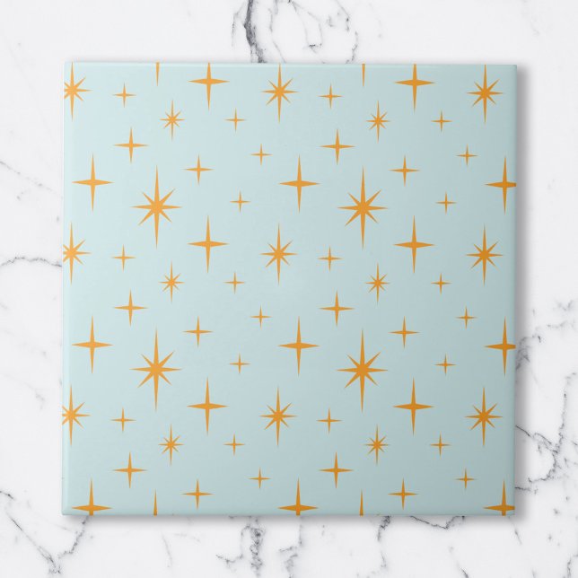 Stars Mönster Mid Century Modern Orange Aqua Kakelplatta (Stars Pattern Mid Century Modern Orange Aqua Ceramic Tile)