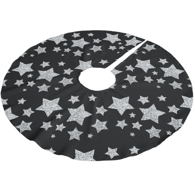Stars mönster svart silver glitter julgransmatta borstad polyester (Vinklad)
