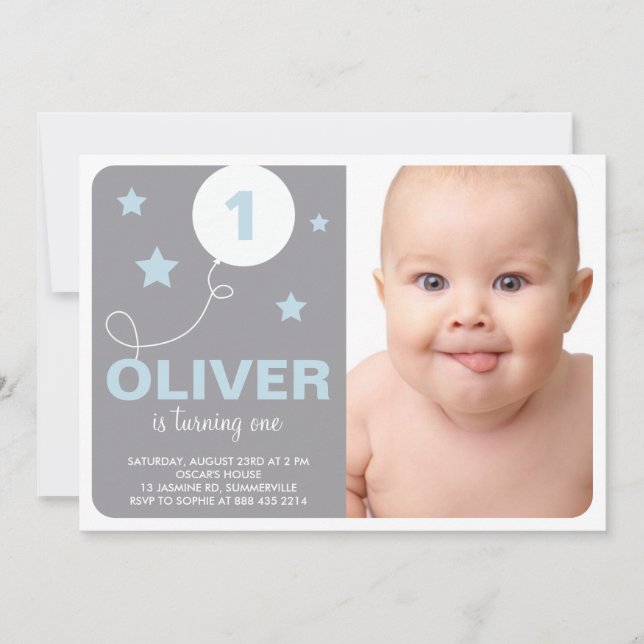 Stars och ballonfoto Födelsedagsfest inbjudan (Framsida)