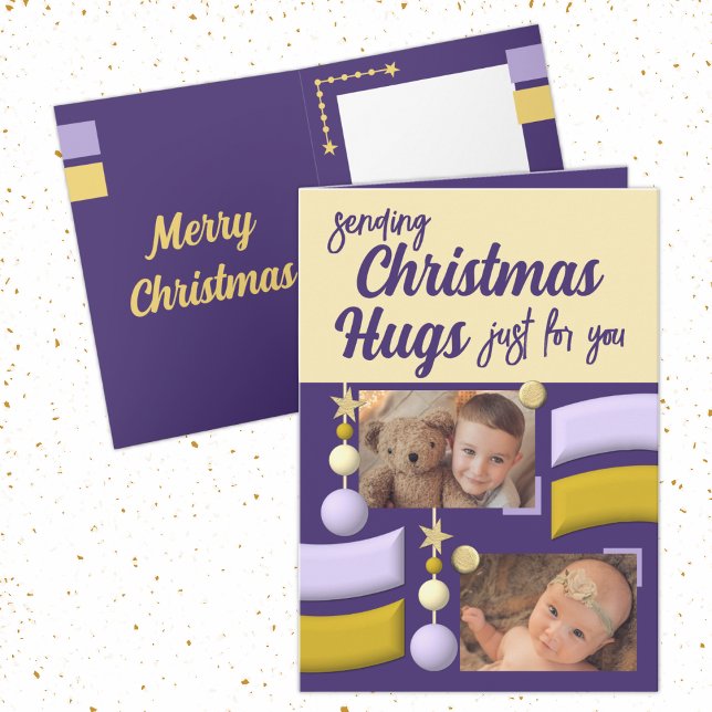 Stars och baubles christmas hugs guld och lila helgkort (Skapare uppladdad)