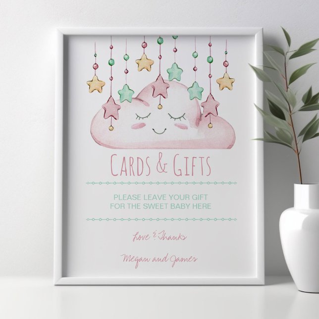 Stars och Cloud Girl Baby Shower Gift Bord-tecken Poster (Baby Shower Sign from my Twinkle Twinkle baby shower collection)