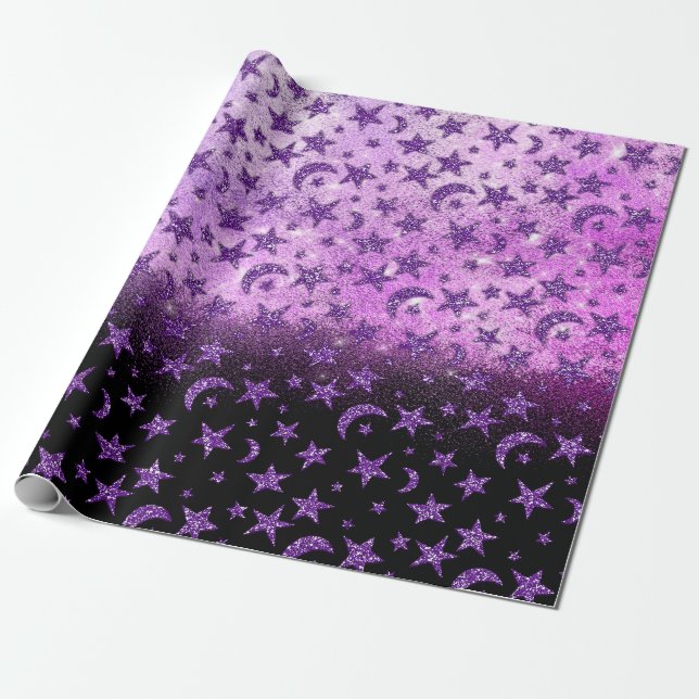 Stars och Måne Black Lila Plum Sparkly Ombre Presentpapper (Utrullad)
