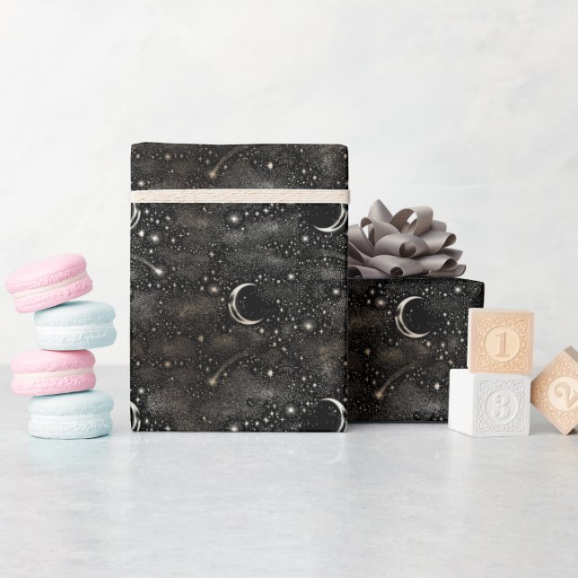Stars och Måne Celestial Mystical Black Night Presentpapper (Baby Shower)