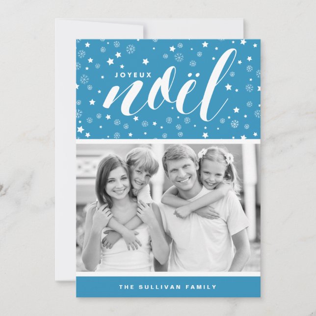 Stars och Snöflingor Joyeux Noël Blue Helgdag Card Julkort (Framsida)