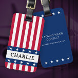 Stars och stripes bagagebricka<br><div class="desc">Loggtagg med röd och vit rand och ditt eget namn mellan blå stjärna gräns.</div>