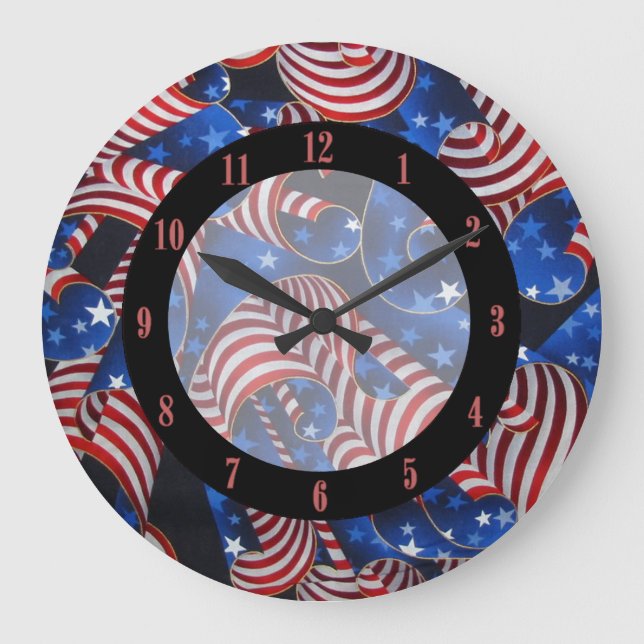 Stars och stripes Patriotic Curls Round Wall Clock Stor Klocka (Framsida)
