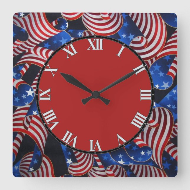 Stars och stripes Patriotic Curls Square Clock Fyrkantig Klocka (Framsida)