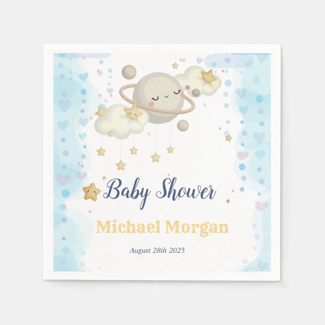 Stars Planet Clouds Blue Baby Shower Pappersservett (Framsidan)