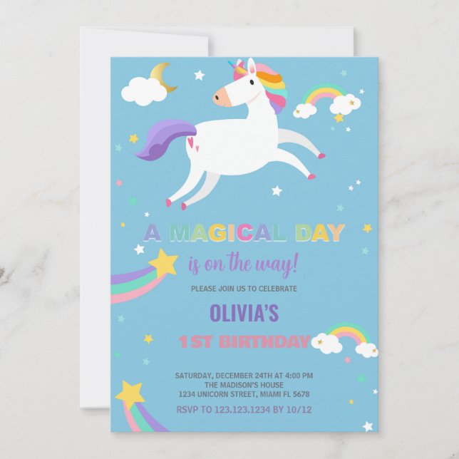 Stars Rainbow Fly Unicorn Birthday-inbjudningar Inbjudningar (Framsida)
