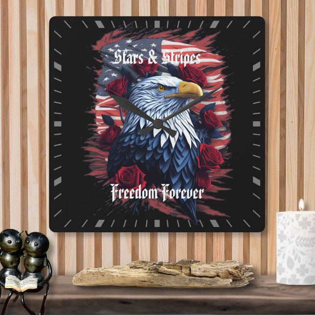 Stars Rand Freedom Forever Eagle American Flagga Fyrkantig Klocka (Skapare uppladdad)