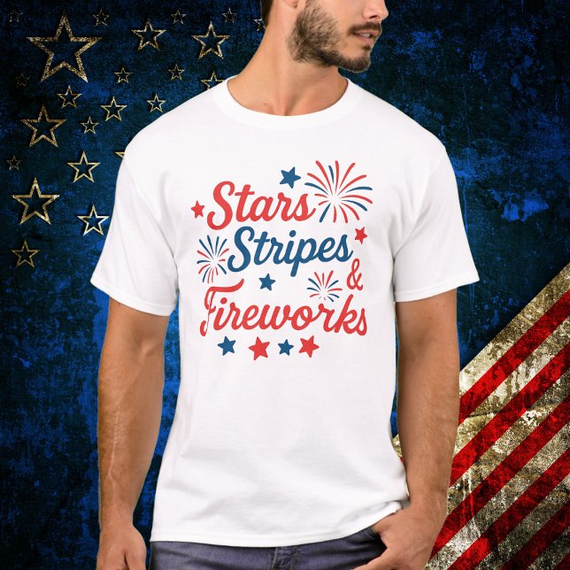 Stars Rand och Fireworks Patriotic T Shirt (Skapare uppladdad)