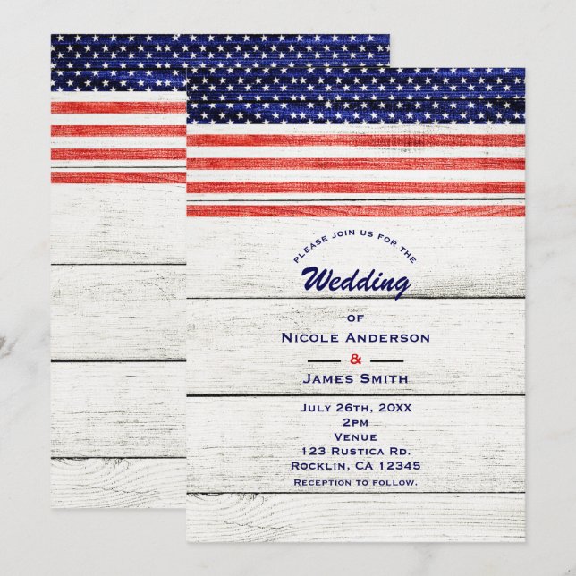 Stars & Rand White Rustic Wood Patriotic Party Inbjudningar (Fram/baksida)