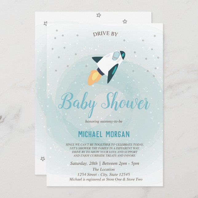 Stars,Rocket Drive By Baby Shower Invitation Inbjudningar (Fram/baksida)