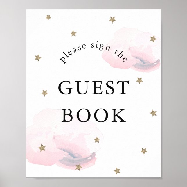 Stars Rosa Clouds Baby Shower Guest Bok Sign Poster (Framsidan)