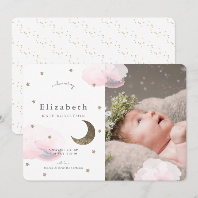 Stars & Rosa Clouds Photo Girl Baby Meddelande Inbjudningar (Fram/baksida)