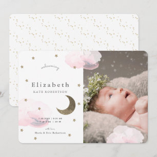 Stars & Rosa Clouds Photo Girl Baby Meddelande Inbjudningar