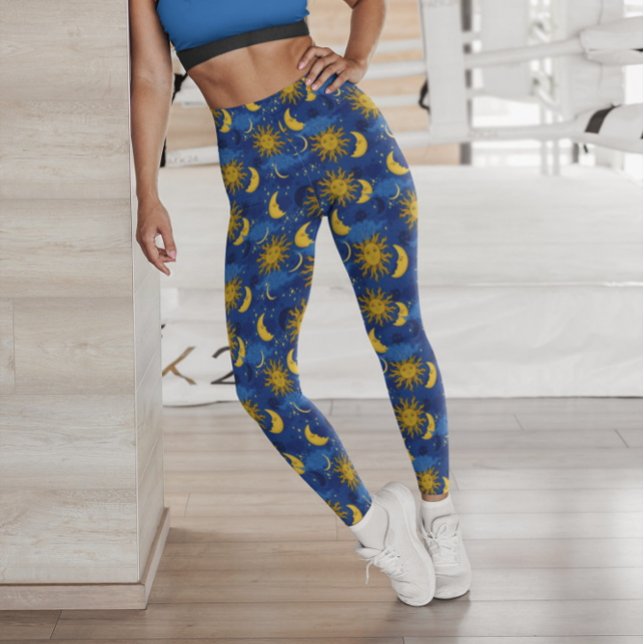 Stars Sol Måne Celestial Mönster Blue Guld Leggings (Skapare uppladdad)