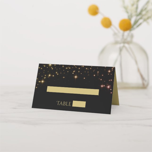 Stars & Sparkles Black & Guld Bröllop Place Card Placeringskort (Framsida)