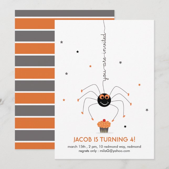 Stars Spider och en cupkaka-Födelsedagsfest vit Inbjudningar (Fram/baksida)