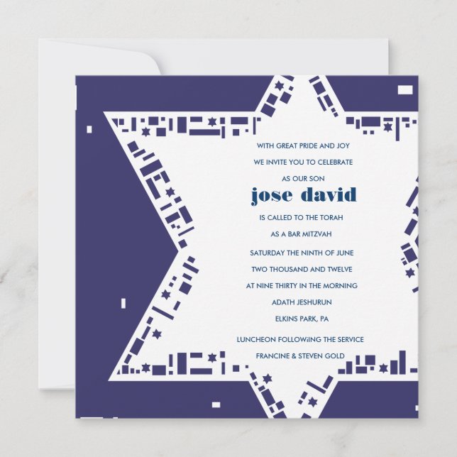 Stars & Squares Bar/Bat Mitzvah-inbjudan Blå Inbjudningar (Framsida)