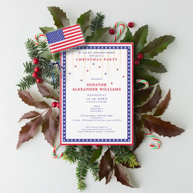 Stars & Stripes American Flag Holiday Fundraiser Inbjudningar (Stars & Stripes American Flag Christmas Political Candidate Party Fundraiser Invitation)
