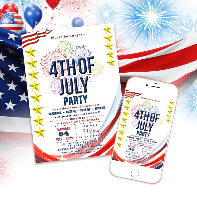 Stars & Stripes fyrverkerier 4:e Juli grillfest Inbjudningar (Skapare uppladdad)
