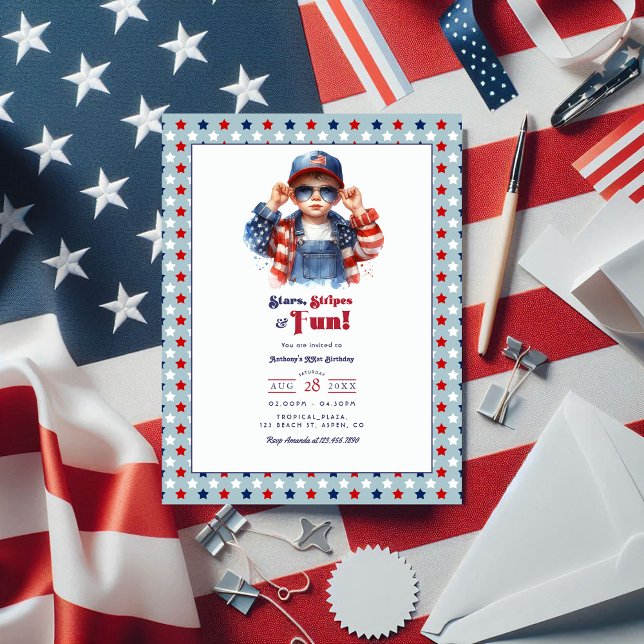 Stars, Stripes & Kul | All Amerikansk Pojkfödelsed Vykort (Stars, Stripes & Fun | All American Boy Birthday Postcard)