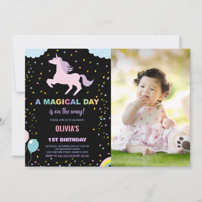 Stars Unicorn Birthday-inbjudningar med foto Inbjudningar (Framsida)