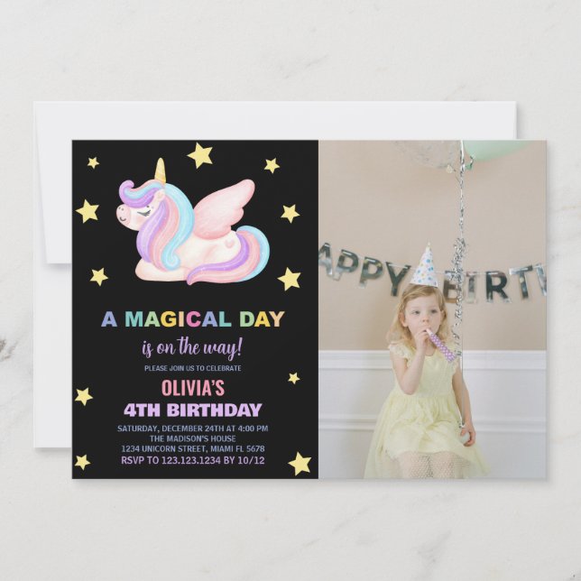 Stars Unicorn Birthday-inbjudningar med foto Inbjudningar (Framsida)