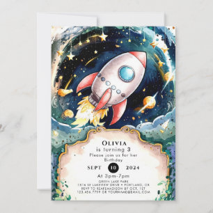 Stars Watercolor Rocket Birthday Inbjudningar
