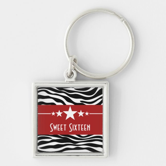 Stars Zebra tryck Sweet 16 Keychain, Red Fyrkantig Silverfärgad Nyckelring (Framsidan)