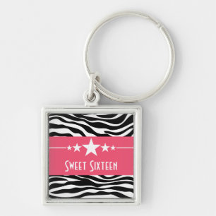 Stars Zebra tryck Sweet 16 Keychain, Rosa Fyrkantig Silverfärgad Nyckelring