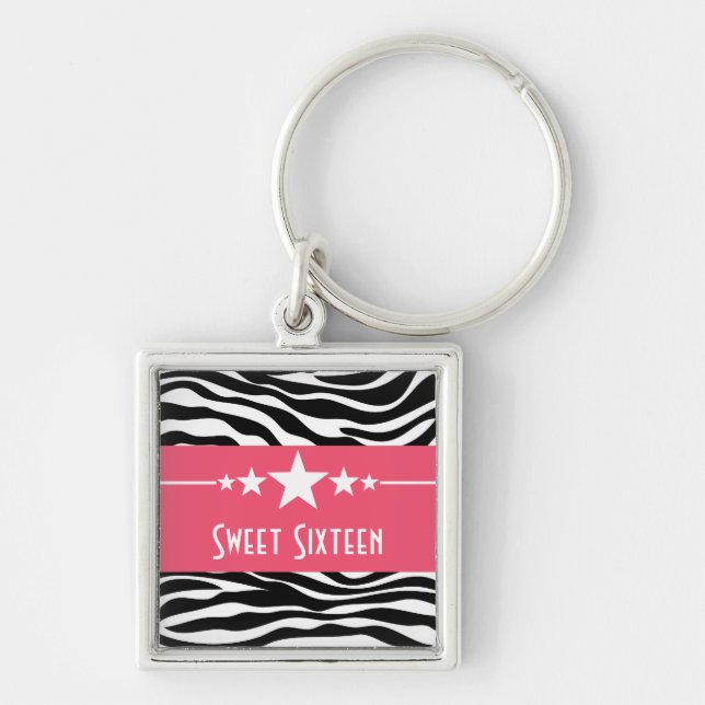 Stars Zebra tryck Sweet 16 Keychain, Rosa Fyrkantig Silverfärgad Nyckelring (Framsidan)