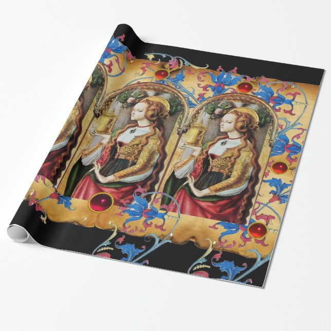 START MARY MAGDALENE BLUE BLOMMIGT PARCHMENT RED G PRESENTPAPPER (Utrullad)