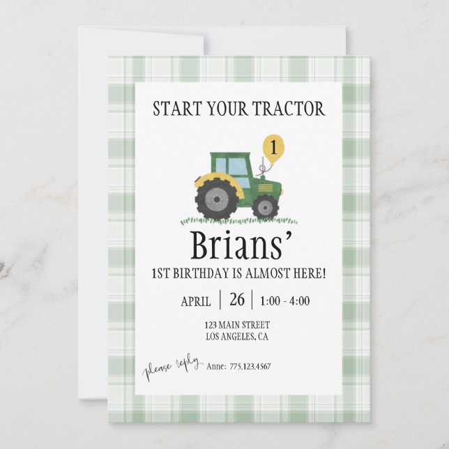Start Your Tractor Children's Birthday Invitation Inbjudningar (Framsida)
