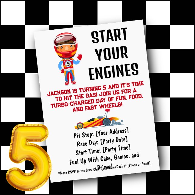 Starta din ingenjörspojkes femte födelsedag inbjudningar (Start Your Engines Boy's 5th Birthday Invitation)