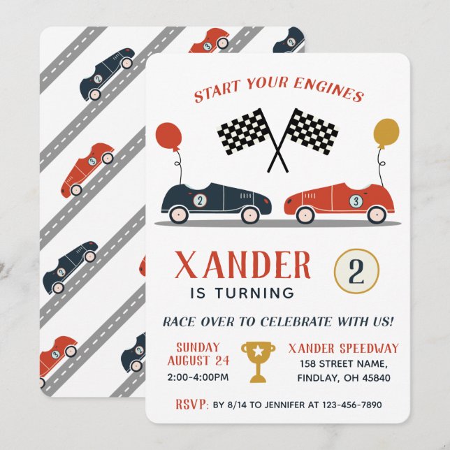 Starta Födelsedagsfesten för motorerna i Tävling-b Inbjudningar (Fram/baksida)