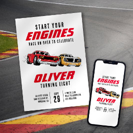 Starta Födelsedagsfesten för motorernas Tävla-bila Inbjudningar