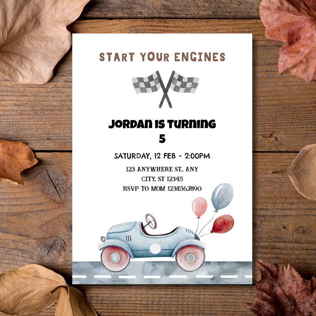 Starta motorerna i Vintagen Tävling, bilbarnsdagst Inbjudningar ("Start Your Engines" Vintage Race Car 5th Birthday Invitation
)