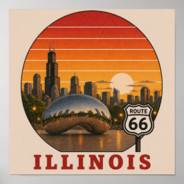 Starta Route 66 Chicago Skyline Solnedgång Affisch
