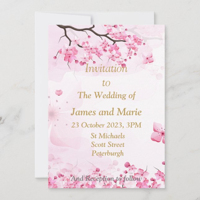 Startande bröllopsinbjudan, rosa blommar inbjudningar (Framsida)