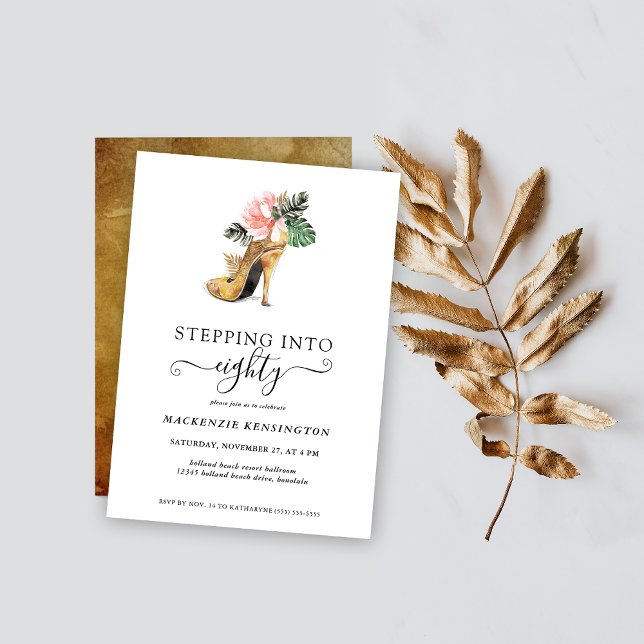 Startar i 80 Chics Blommigt Guld Heels Birthday Inbjudningar (Skapare uppladdad)