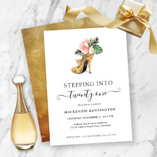 Startar in i 21 Chics Blommigt Guld Heels Birthday Inbjudningar