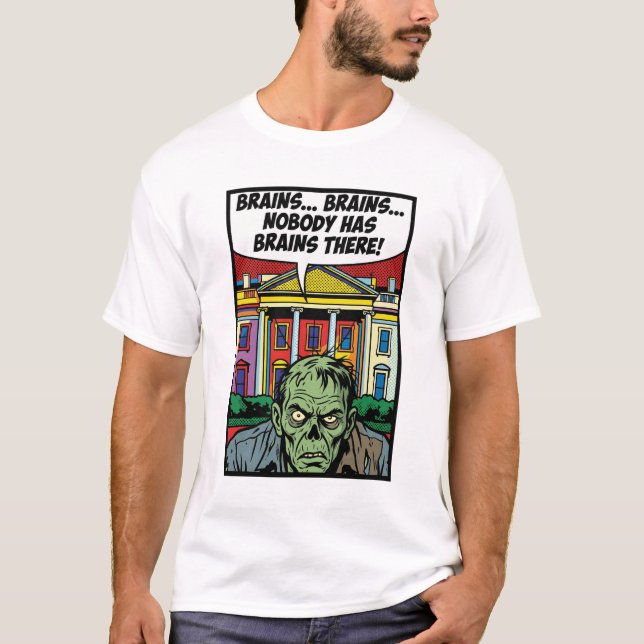 Starving at the Summit: No Brains Pop-Art Zombie T Shirt (Framsida)